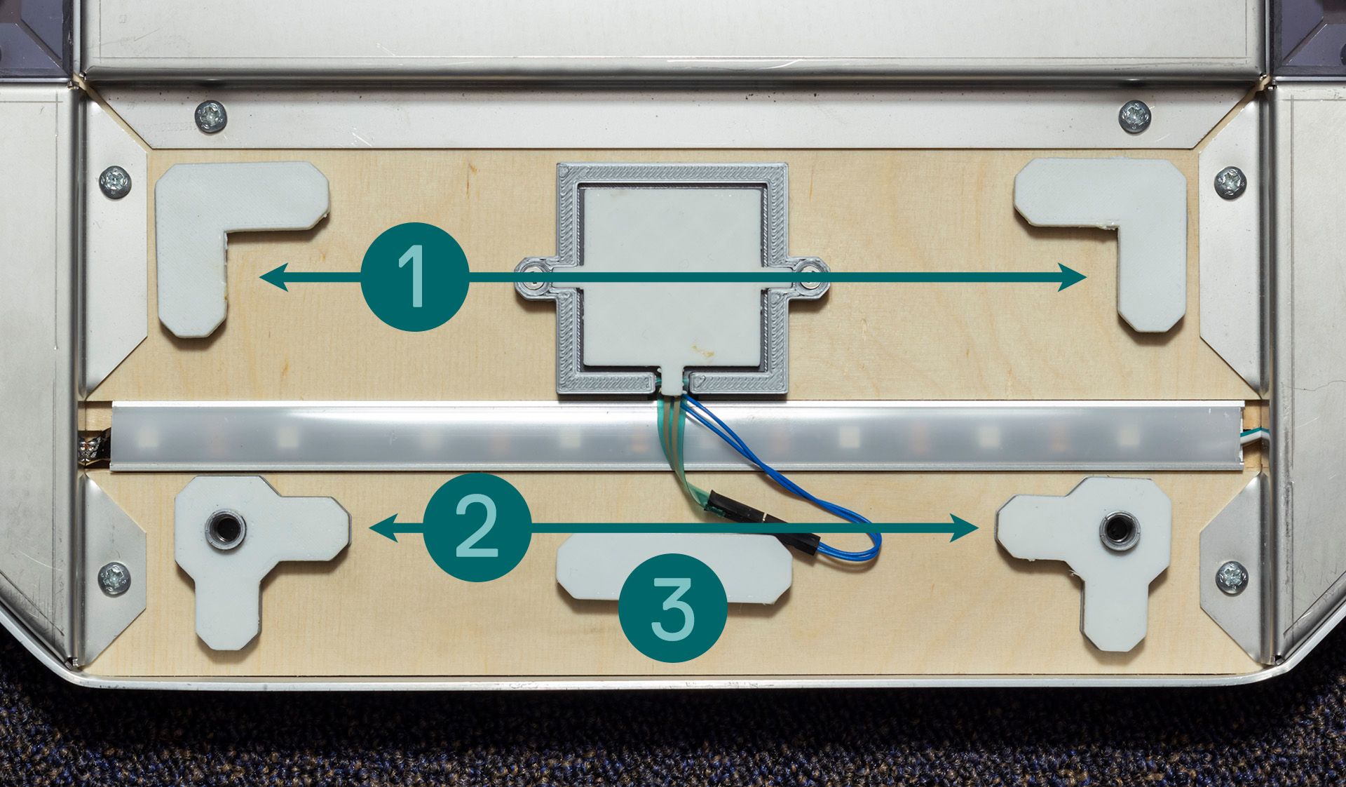 A diagram of the foam paddings that exist underneath the panel. Each of the three different shapes are marked.