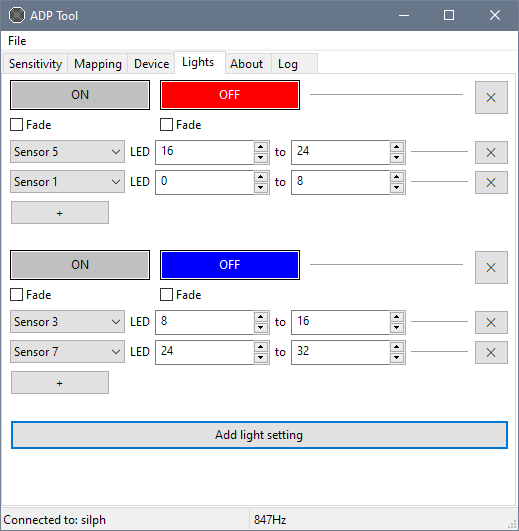 The ADP Tool GUI on the lights tab, showing the default settings that came in the box: red for all LEDs in the up and down panels, and blue for the left and right.
