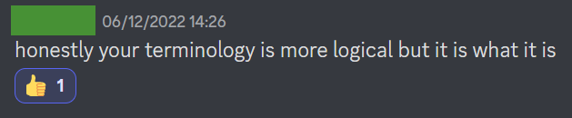 From Discord: ”Honestly your terminology is more logical but it is what it is“