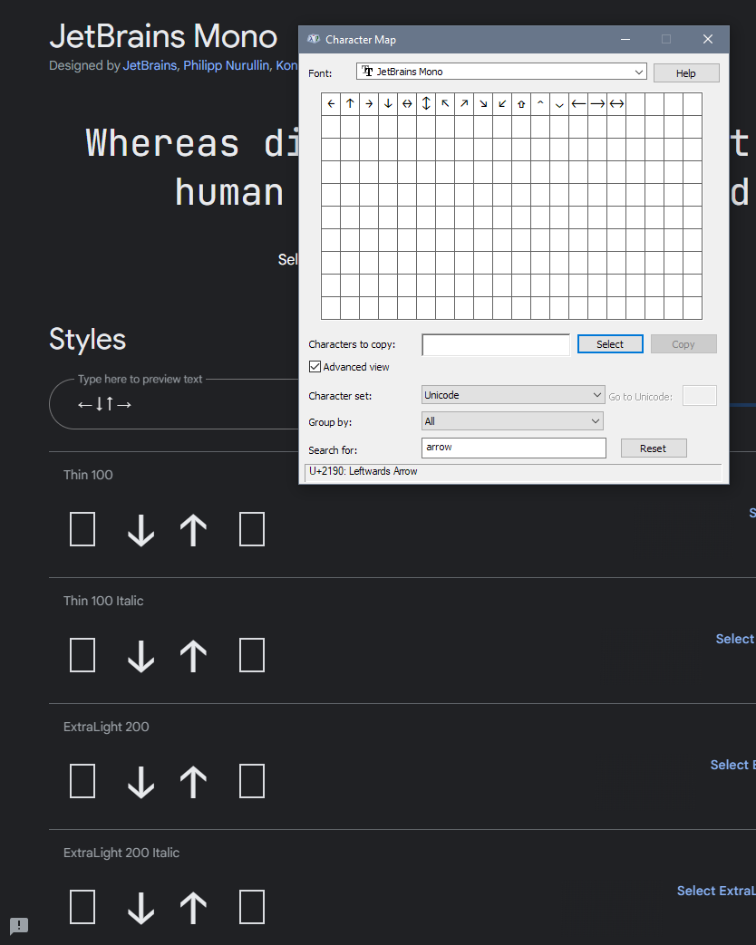 JetBrains Mono’s page on Google Fonts previewing the directional arrows. Up and down displays correctly, but left and right shows the unknown rectangle symbol. A local copy of JetBrains Mono shows that these glyphs do exist.