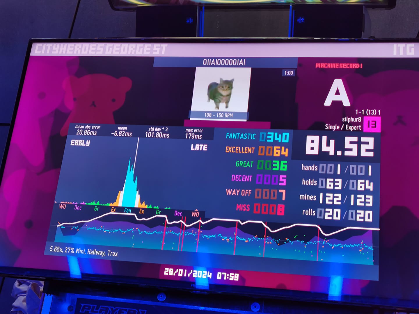 A picture of a score on CityHeroes’ ITG cab.