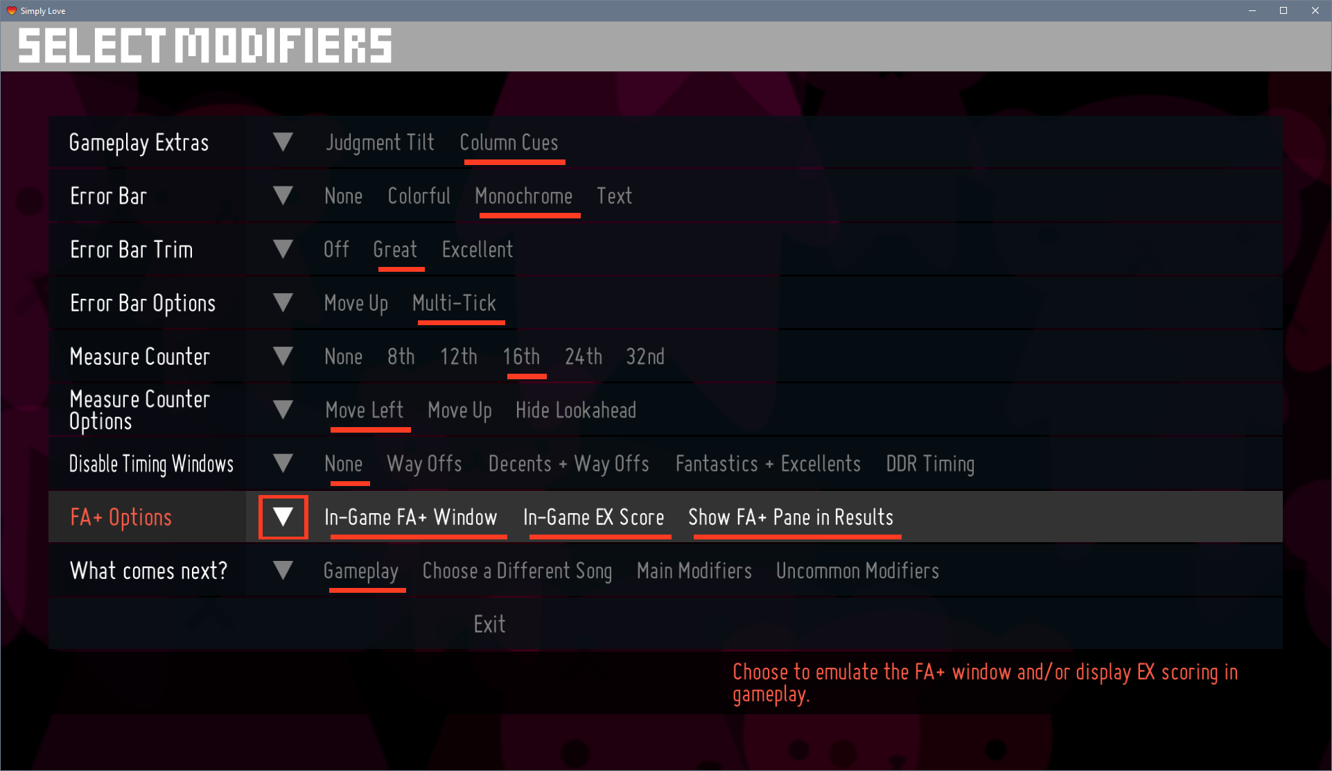On the second page of the gameplay options, all three options in the FA+ Options category have been selected.