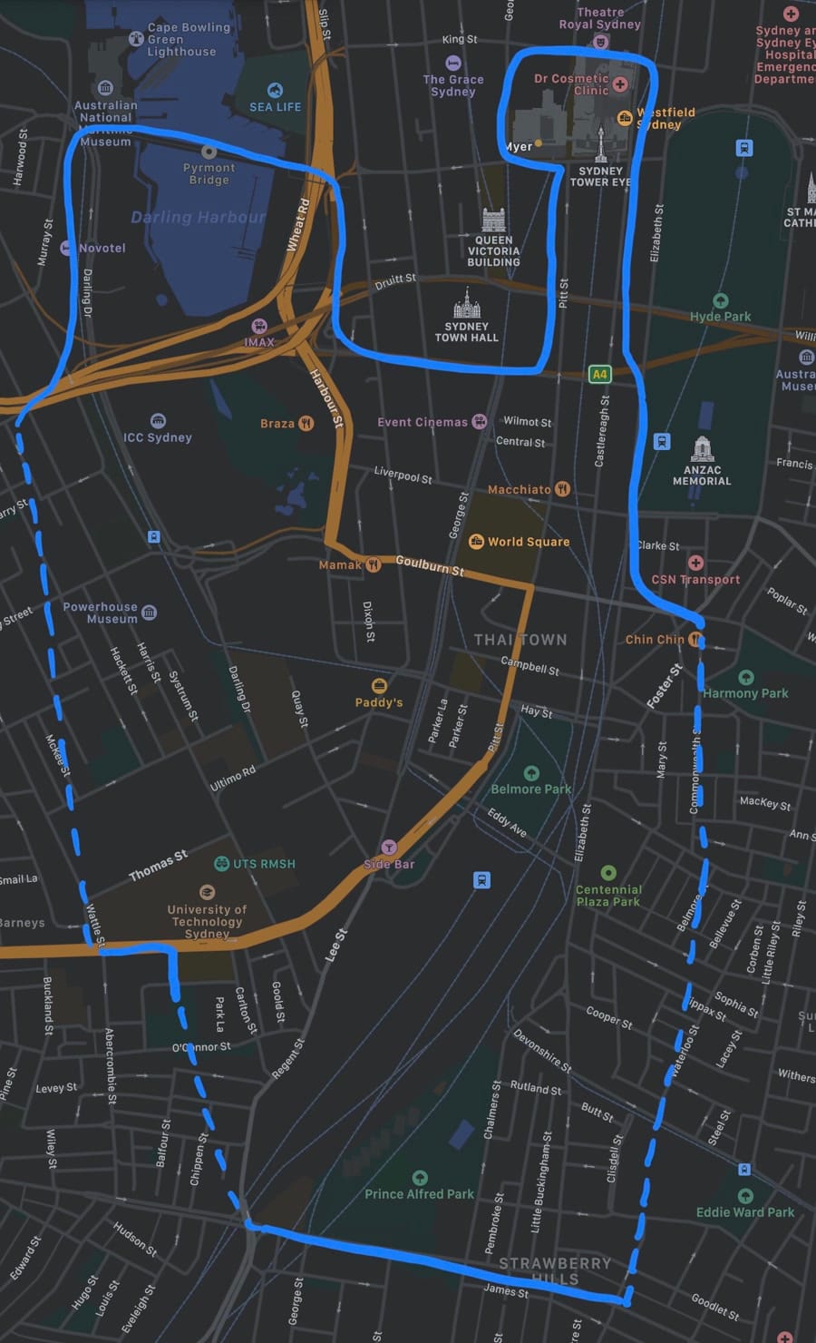 A map of Sydney CBD from Darling Harbour to Central Station, marked up with the general area of my knowledge of the city.