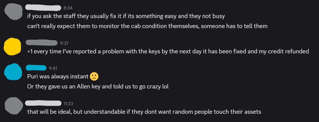 A chat log discussing Koko being relatively prompt on repairs, but not as good as Puri (though with reason).