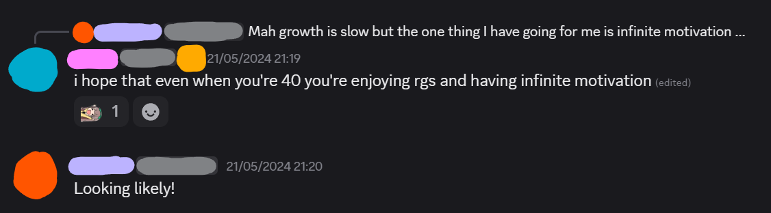A chat log discussing someone wishing a player to keep enjoying rhythm games into their 40s. They replied with a “looking likely!”