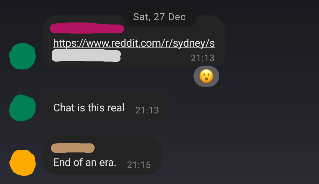 A screenshot of a chat group, including a Reddit link followed by “Chat is this real”.