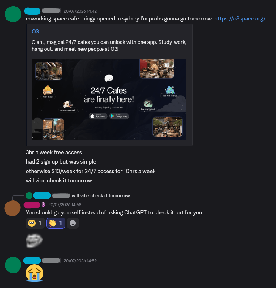 A Discord chat excerpt in one of my friend’s servers. One of them shared a link to O3’s site.