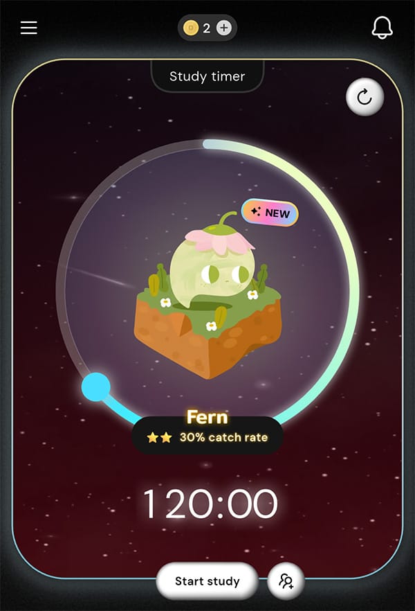 O3’s study timer gimmick. You can select a designated time to lock the phone for, and get a certain percentage chance (which increases depending on the duration) to catch it.