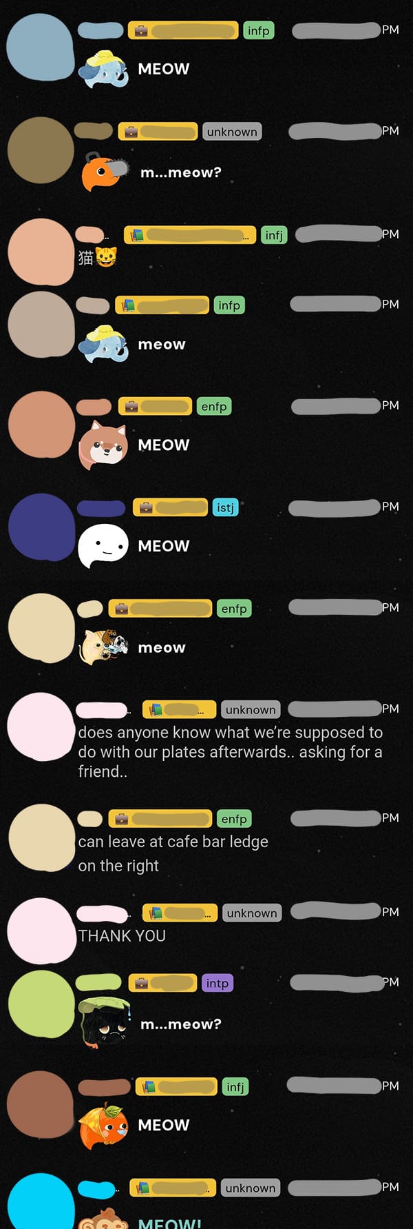 Interspersed between meow button spam are the occasional genuine question being asked, which adds effort for readers to scroll back through to find a topic.