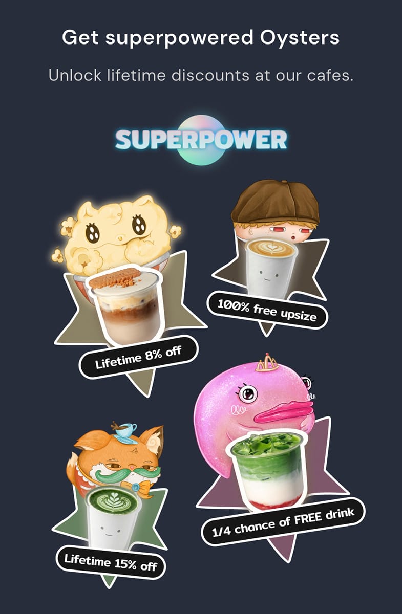 A screenshot of a tutorial on Oyster Superpowers, which promise lifetime free or discounted benefits to café items.