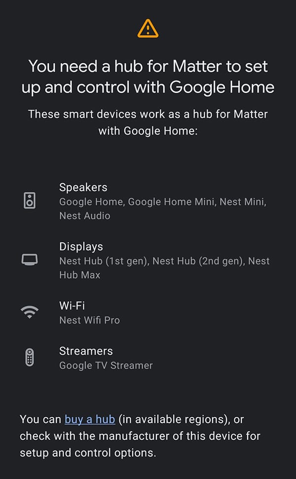 Google Home locks me out of adding a Matter device, which the Tapo P110M is one of, without a hub.