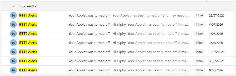 A list of emails I received from IFTTT informing one of my automation applets have been turned off.