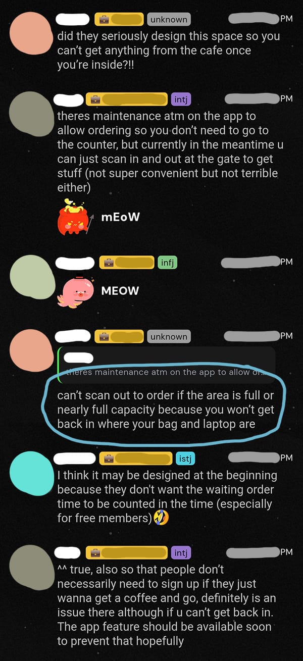 A chat excerpt explaining why being forced to scan off to get café food isn’t a great idea if you can potentially get locked out.