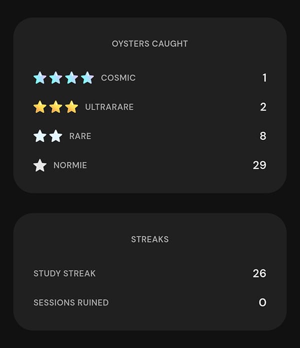 Study session statistics, showing the number of Oysters caught in each rarity, and other stats such as study combos and sessions ruined. I intend to keep my account “unshaded” at zero.