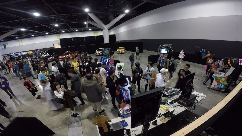 A frame of the time-lapse taken at SMASH! 2023, overlooking the rhythm games we hosted on the second day.